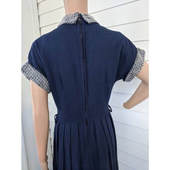 50s Mohair Collar Cuffs Dress Dark Blue Vintage S - Picture 5 of 10
